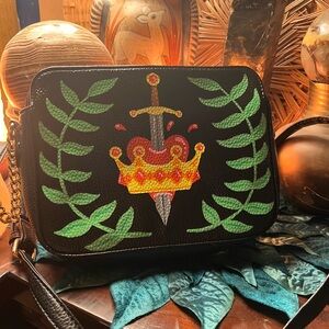Black Crossbody Bag with Embroidered Crown & Sword Design
